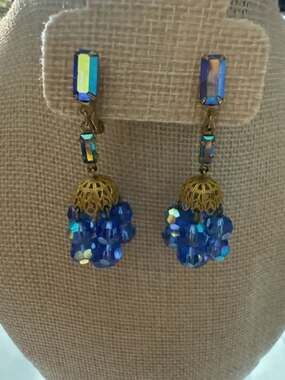 Lewis Segal California Blue Crystal Mini Chandelier Earrings, 1970s, Clip Backs